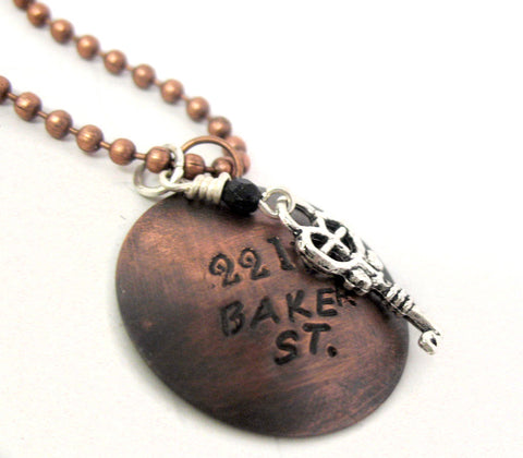 221B Baker St - [Sherlock Holmes] Handstamped Antiqued Copper Necklace with Key Charm