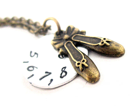 5,6,7,8 Dancer's Theme - Aluminum Handstamped Disc Pendant w/Brass Ballet Shoes