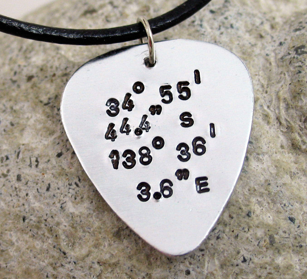 Custom Latitude / Longitude Aluminum Guitar Pick Pendant
