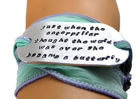 Just When the Caterpillar Thought the World Was Over - Aluminum Handstamped ID Bracelet w/Silk Wrap
