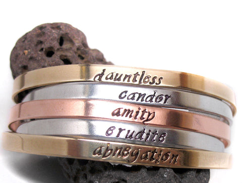 Divergent Faction Names - Five Aluminum Brass & Copper Handstamped Rings