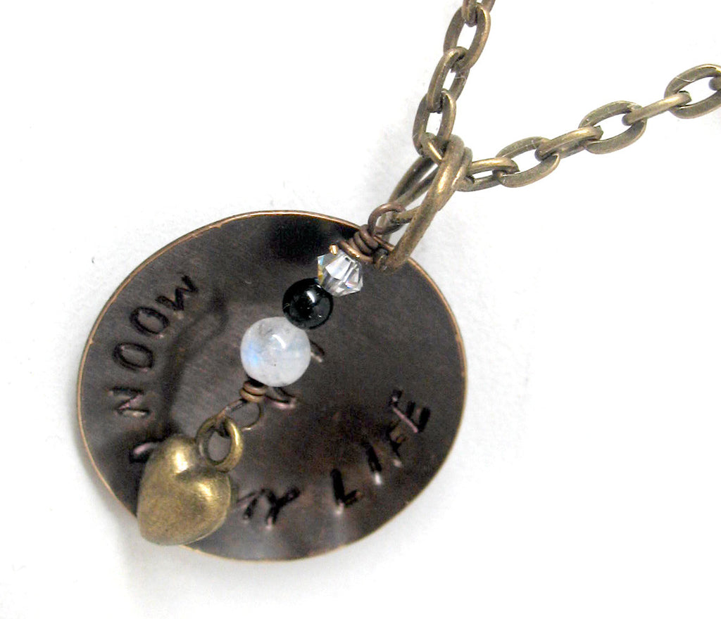 Moon of My Life - Antiqued Brass Disc Pendant w/Swarovski Crystal