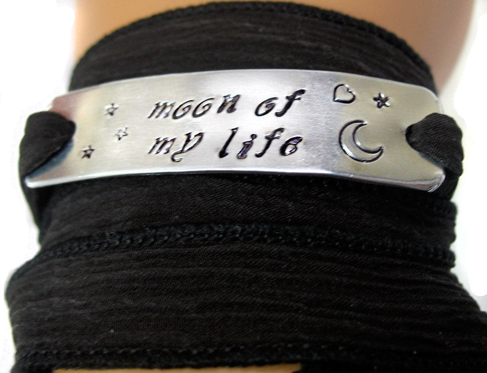 Moon of My Life - Hand Dyed Silk Wrap Bracelet with Handstamped Aluminum ID Tag