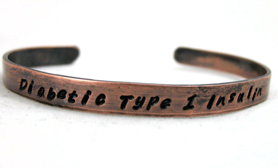 Type 1 Diabetes Insulin Medical Alert Antiqued Copper Handstamped Bracelet