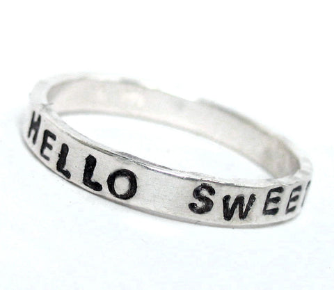 Hello Sweetie - Stacking Soldered Sterling Silver Handstamped Ring