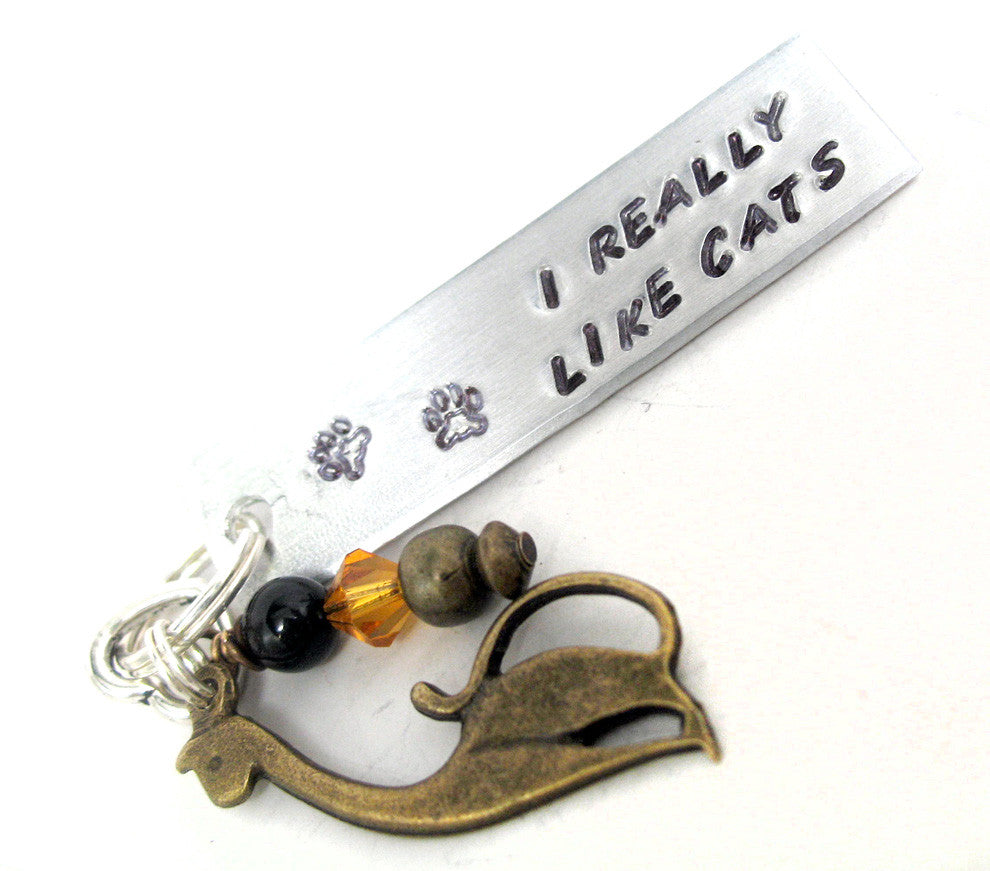 I Really Like Cats - Aluminum Handstamped Keychain w/ Antiqued Brass Charms