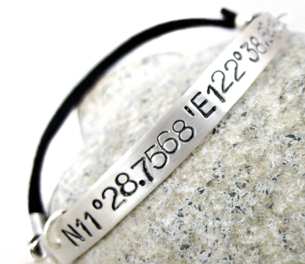 Custom Geographical Location - Sterling Silver Handstamped Bracelet w/ Suede Cord