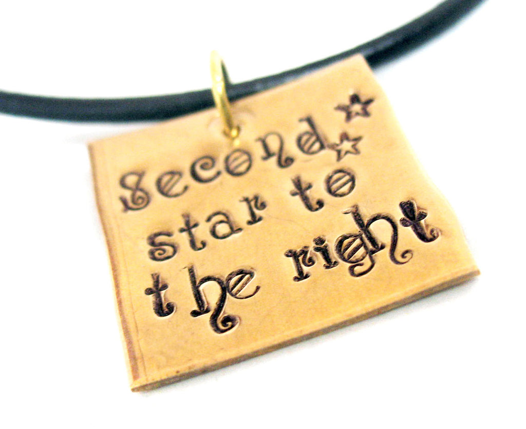 Second Star to the Right - [Peter Pan] Brass Square Handstamped Necklace on Black Leather Cord