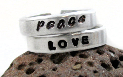 Peace and Love - Aluminum Stacking Handstamped Ring Pair