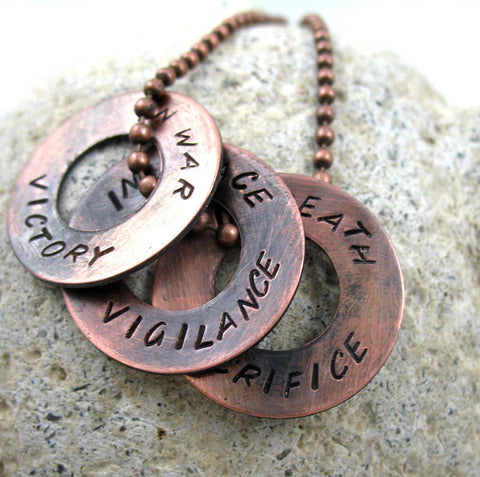 'In War...In Peace...In Death.' - [Dragon Age] Antiqued Copper Handstamped Washer Pendants w/ Necklace