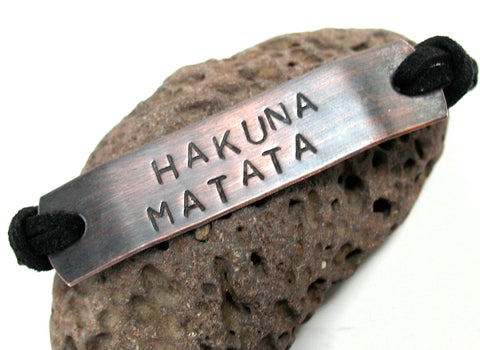 Hakuna Matata - Antiqued Copper Handstamped ID Bracelet w/Suede Cord
