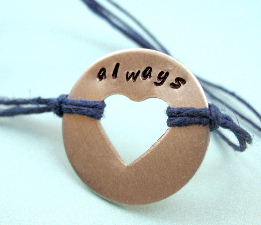 Always - Hand Stamped Heart Washer on Cotton Cord