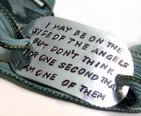 On the Side of the Angels - Aluminum Handstamped ID Bracelet w/Silk Wrap