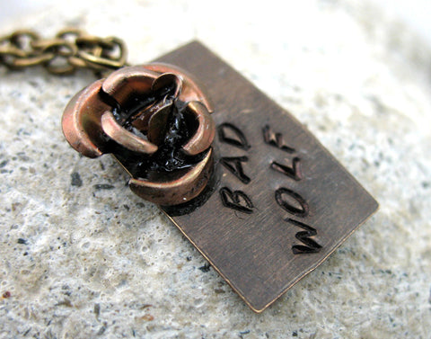 Bad Wolf - [Doctor Who] Antiqued Brass Handstamped Necklace w/Copper Rose
