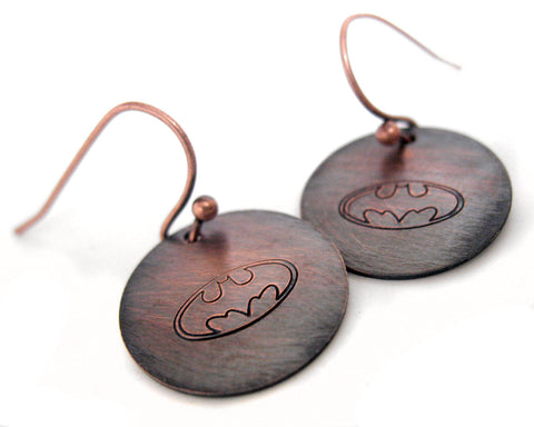 Batman - Antiqued Copper Handstamped Earrings w/ Batman Symbol
