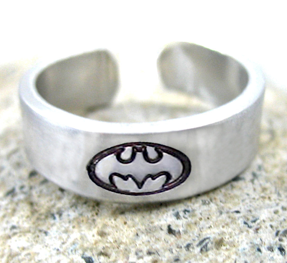 Batman Ring - Hand Stamped, Adjustable Aluminum Ring with Batman Symbol
