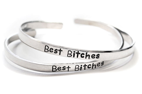 Best Bitches - Aluminum Handstamped Skinny, Stackable 3/16" Bracelet Pair