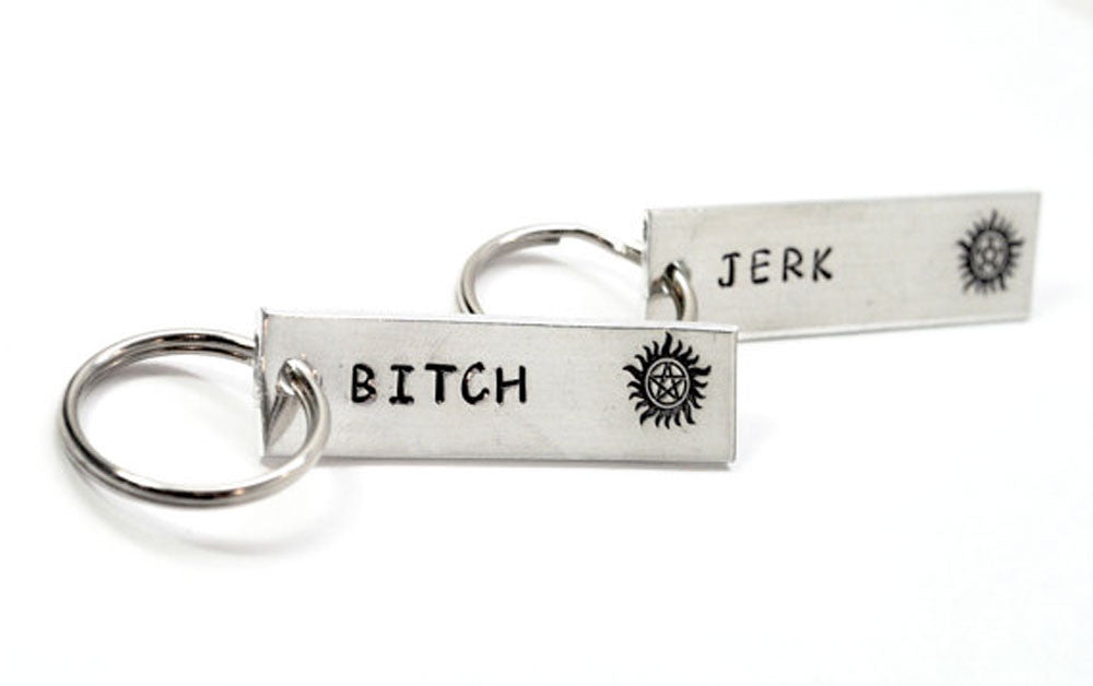 Jerk/Bitch - [Supernatural] Aluminum Handstamped Keychains w/ Anti Possession Symbol