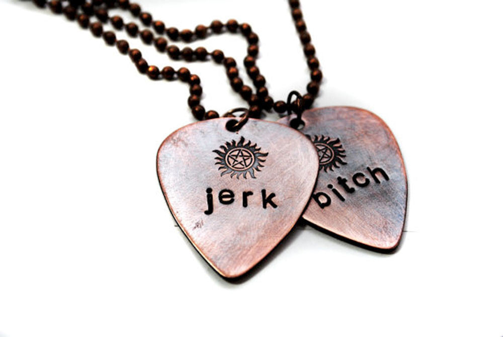 Bitch/Jerk [Supernatural] - Antiqued Copper Handstamped Guitar Pick Necklaces w/ Anti Possession Symbol