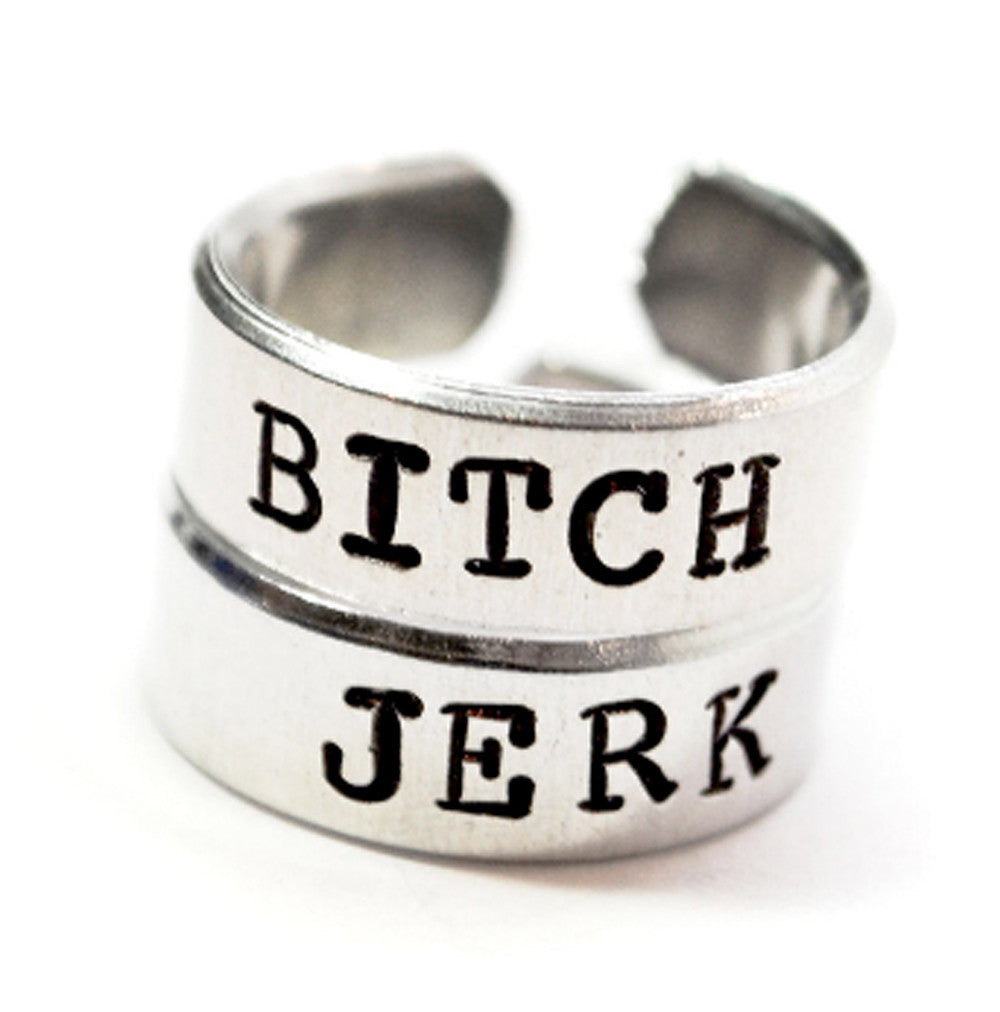 Bitch/Jerk [Supernatural] - Aluminum Handstamped Ring Pair