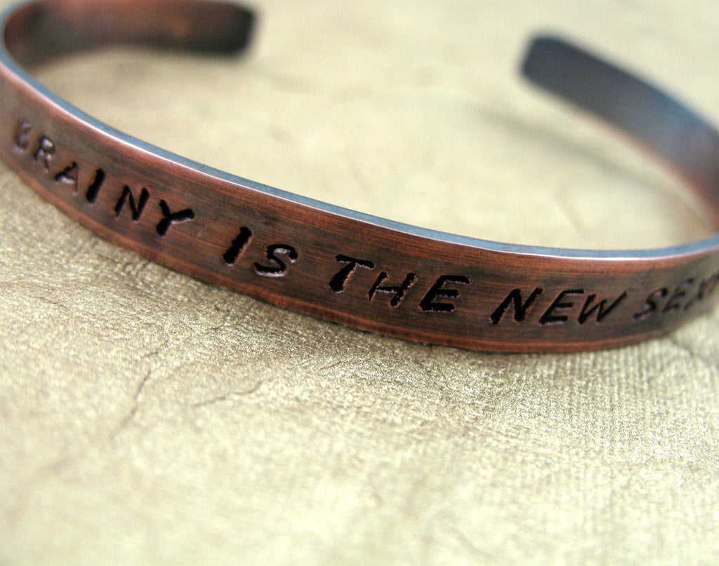 Brainy is the New Sexy - Antiqued Copper Handstamped Bracelet, Sherlock Inspired