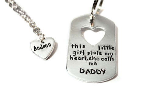 This Little Girl Stole My Heart, She Call Me Daddy - Aluminum Handstamped Cutout Keychain/ Personalized Name Heart Necklace Set