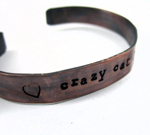 Crazy Cat Lady - Antiqued Copper Handstamped 3/8" Bracelet
