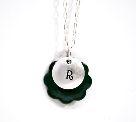 Green Enamel Layered Necklace with Inital Stamped On Domed Sterling Disc - Sterling Link Chain