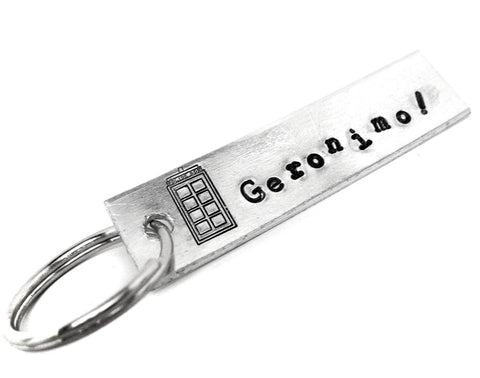 Geronimo! - [Doctor Who] Aluminum Handstamped Keychain w/Tardis