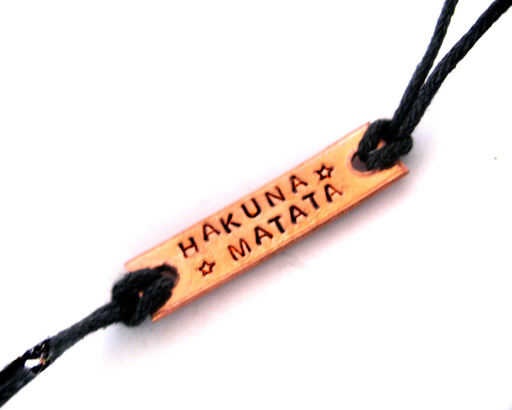 Hakuna Matata - Tiny Copper Handstamped ID Bracelet with Black Cotton Cord