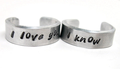 Leia/Han I Love You/I Know - Aluminum Handstamped Ring Pair