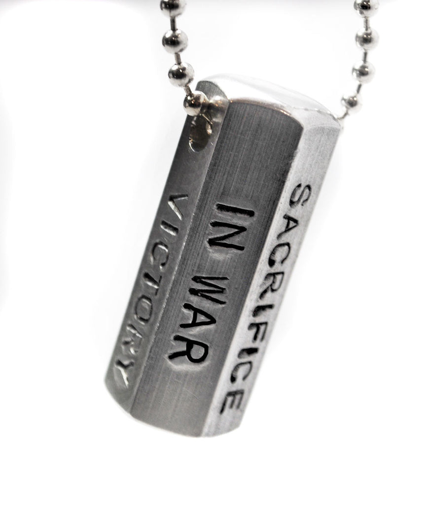 Grey Warden Necklace - In War, Victory. In Peace, Vigilance. In Death, Sacrifice. - A Hand Stamped Wide Aluminum Handstamped Hexagon Bar Necklace on Ball Chain