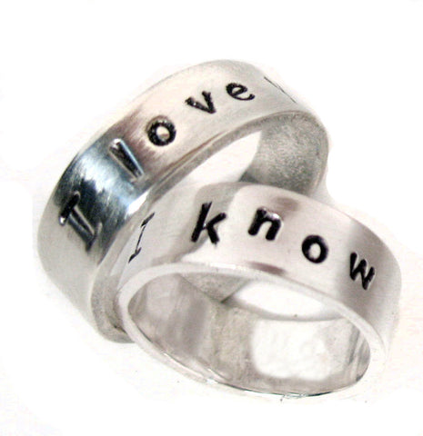 Leia/Han I Love You / I Know - Solid Argentium Silver Handstamped Ring Pair