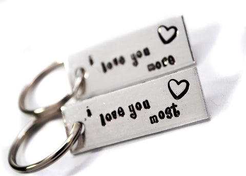 I Love You Most, I Love You More - Aluminum Handstamped Keychain Set