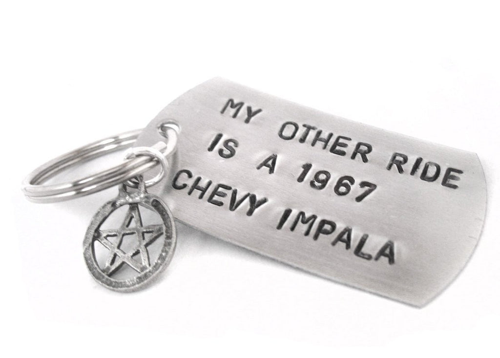 My Other Ride Is A 1967 Chevy Impala - [Supernatural] Aluminum Handstamped Dog Tag Keychain with Pentagram Charm