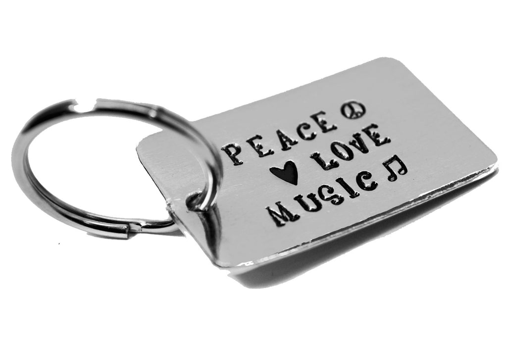 Peace, Love, Music - Aluminum Handstamped Medium Keychain
