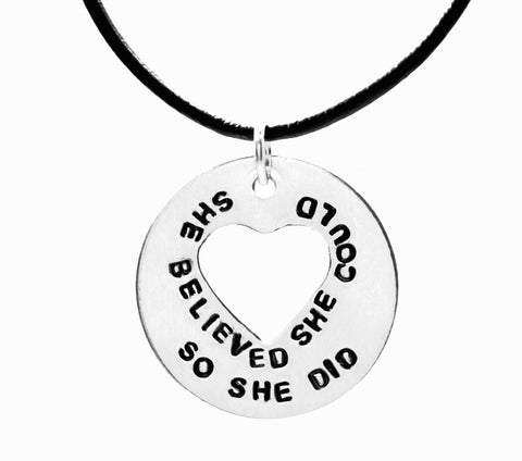 She Believed She Could So She Did - Aluminum Handstamped Heart Washer Necklace