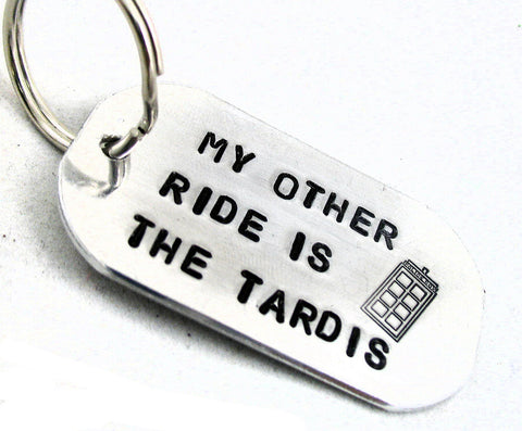 My Other Ride Is the Tardis - [Doctor Who] Aluminum Handstamped ID Keychain w/Tardis