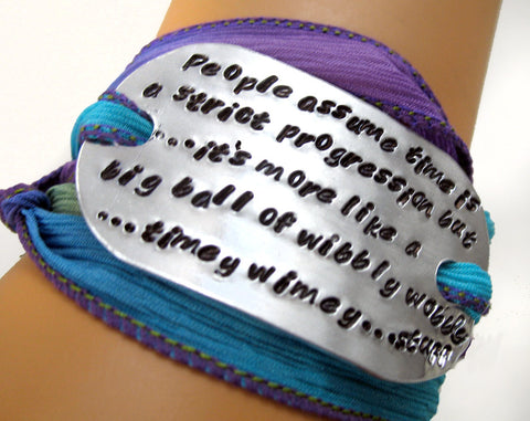 Wibbly Wobbly Full Quote - Aluminum Handstamped ID Bracelet w/Silk Wrap